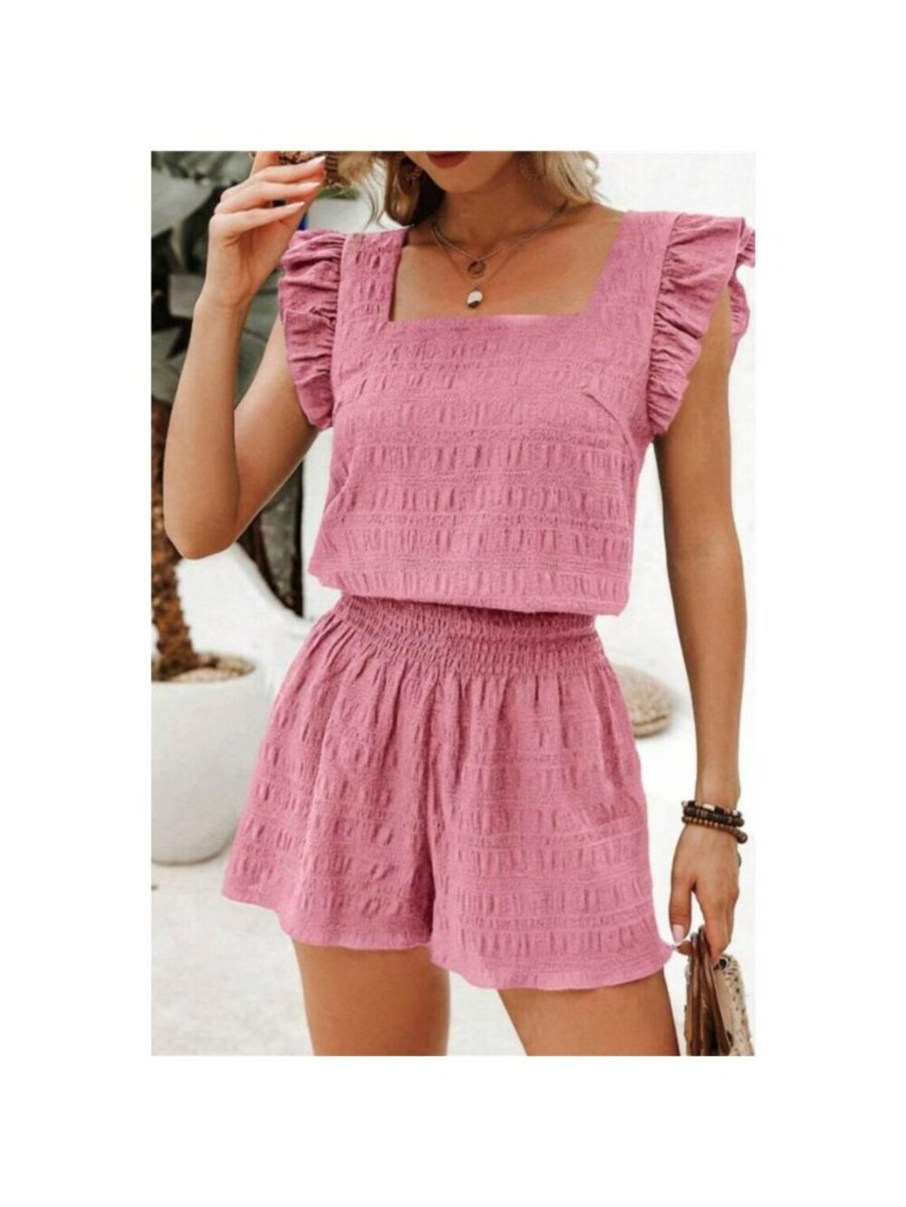 Ruffled Sleeve Textured Top and Shorts Two-Piece Set